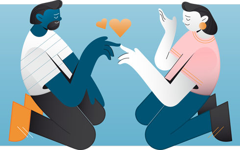 Illustration von einer Frau und einem Mann gegenüber sitzend mit Herzen über den sich berührenden Fingern. Illustration of a Woman and a Man sitting next to each other and touching fingers.